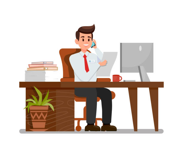 ilustrações, clipart, desenhos animados e ícones de homem ocupado na ilustração lisa do vetor do workplace - secretaria