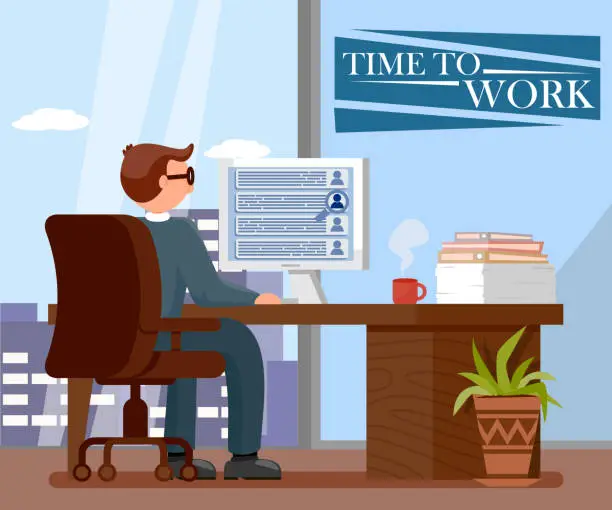 Vector illustration of Time to Work Flat Vector Illustration with Text