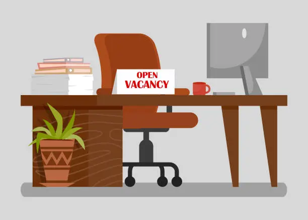 Vector illustration of Office Workplace with Open Vacancy Sign Clipart