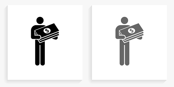 Holding Big Bucks Black and White Square Icon. This 100% royalty free vector illustration is featuring the square button with a drop shadow and the main icon is depicted in black and in grey for a roll-over effect.