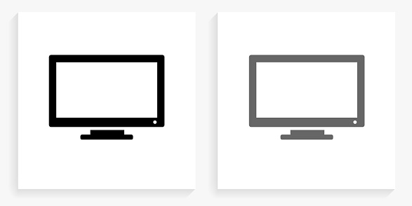Monitor Black and White Square Icon. This 100% royalty free vector illustration is featuring the square button with a drop shadow and the main icon is depicted in black and in grey for a roll-over effect.