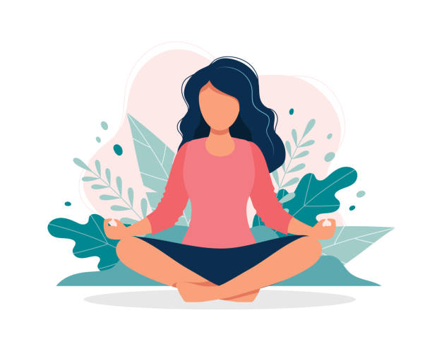 自然と葉で瞑想する女性。ヨガ、瞑想、リラックス、レクリエーション、健康的なライフスタイルのための概念図。フラット漫画スタイルのベクトルイラスト - yoga zen like women meditating点のイラスト素材／クリップアート素材／マンガ素材／アイコン素材
