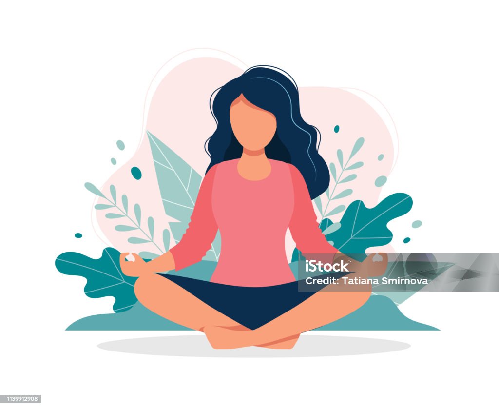 Woman meditating in nature and leaves. Concept illustration for yoga, meditation, relax, recreation, healthy lifestyle. Vector illustration in flat cartoon style vector illustration in flat style Yoga stock vector