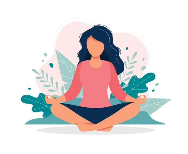 Vector illustration of Woman meditating in nature and leaves. Concept illustration for yoga, meditation, relax, recreation, healthy lifestyle. Vector illustration in flat cartoon style