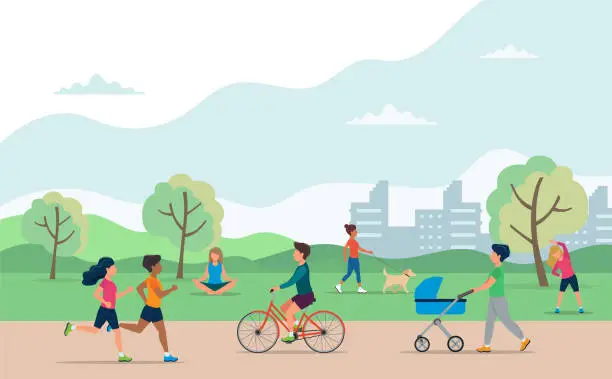 Vector illustration of People doing various outdoor activities in the park. Running, on bike, on scooter, walking the dog, exercising, meditating, walking with baby carriage. Vector illustration of healthy lifestyle.