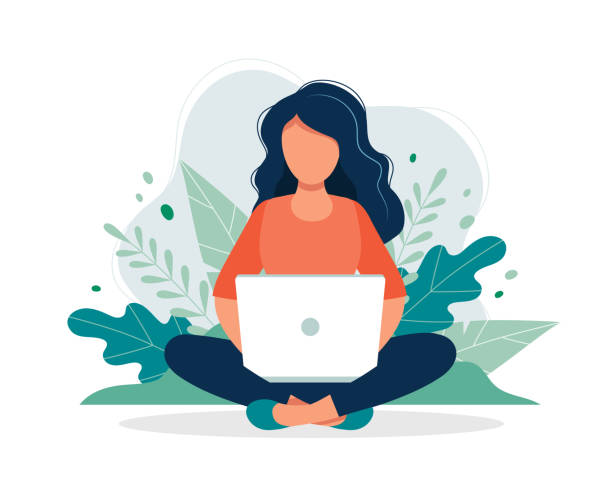 ilustrações de stock, clip art, desenhos animados e ícones de woman with laptop sitting in nature and leaves. concept illustration for working, freelancing, studying, education, work from home. vector illustration in flat cartoon style - modern office