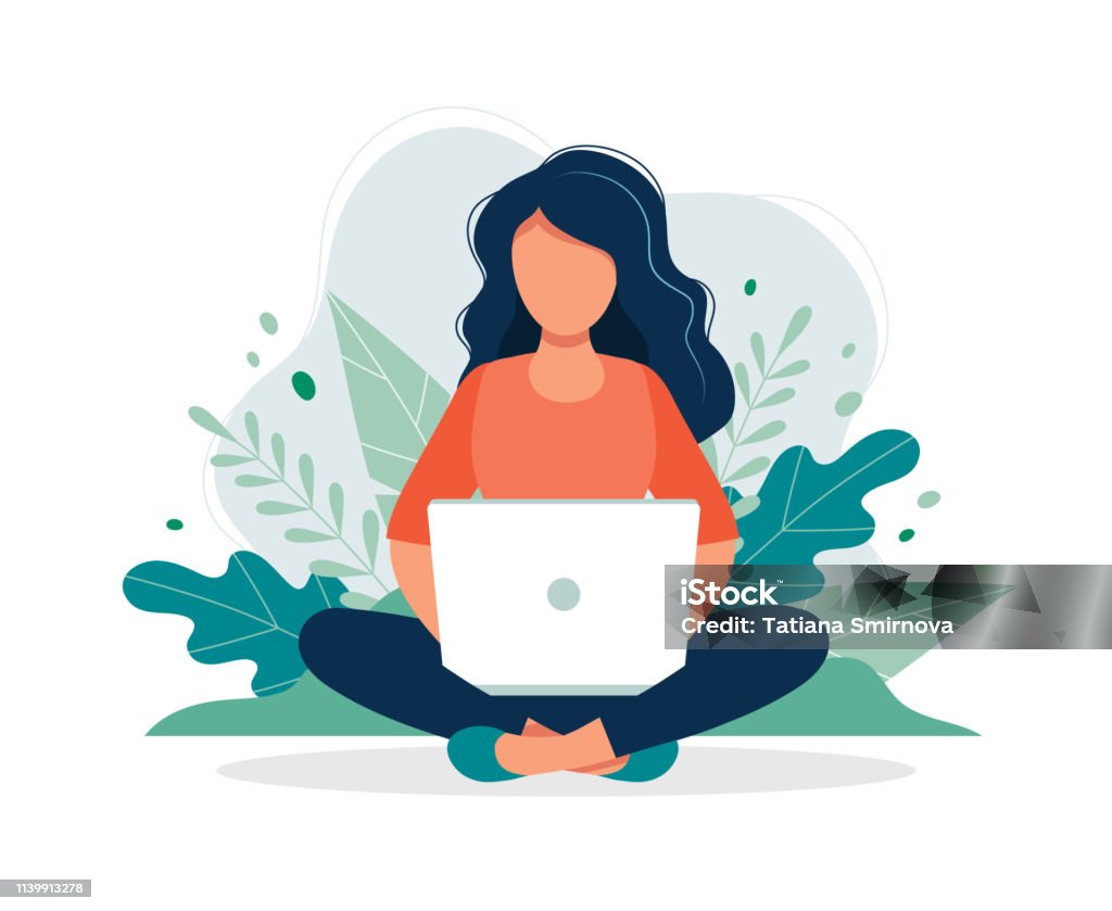 Woman With Laptop Sitting In Nature And Leaves Concept Illustration For  Working Freelancing Studying Education Work From Home Vector Illustration  In Flat Cartoon Style Stock Illustration - Download Image Now - iStock