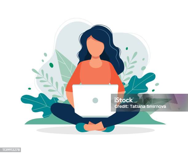 Woman With Laptop Sitting In Nature And Leaves Concept Illustration For Working Freelancing Studying Education Work From Home Vector Illustration In Flat Cartoon Style Stock Illustration - Download Image Now