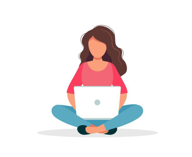 Woman with laptop sitting isolated on white background. Concept illustration for working, freelancing, studying, education, work from home. Vector illustration in flat cartoon style vector illustration in flat style working at home illustrations stock illustrations