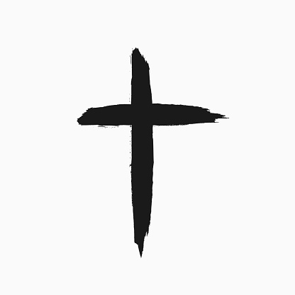 Christian cross drawn by hand with a rough brush. Grunge icon, symbol, logo. Sketch, watercolor, paint, graffiti. Isolated vector illustration.