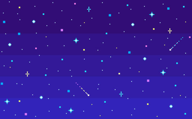 пиксель искусства ночь звездное небо. - retro gaming stock illustrations