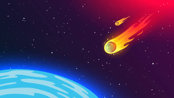 illustrazioni stock, clip art, cartoni animati e icone di tendenza di meteorite volante infuocato sulla terra. fenomeno cosmico pericoloso per l'umanità. - fireball exploding comet fire