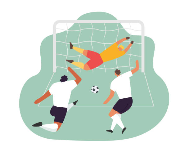 illustrazioni stock, clip art, cartoni animati e icone di tendenza di azione portiere giocatori di calcio. set sport vettoriale di calcio - pallone da calcio illustrazioni