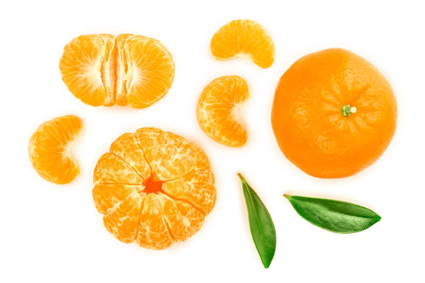 istock tangerine or mandarin with leaves isolated on white background. Top view. Flat lay 1139915825
