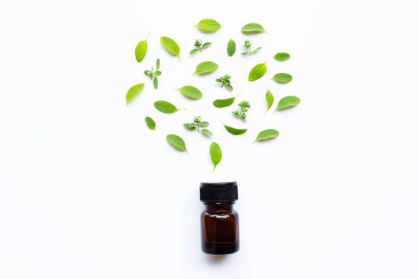 istock Top view. Bottle of essential oil with marjoram on white 1139917367
