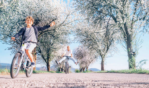 桜の木の下の田舎道で自転車に乗るとき、父と息子が楽しんでいます。 - relaxation exercise fruit bicycle mode of transport ストックフォトと画像