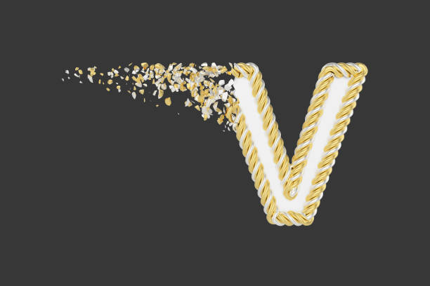 istock Shattering letter V 3D realistic raster illustration. Twisted letter with explosion effect on dark background. 1139921660
