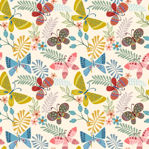 Vector illustration of Butterfly and leaf seamless pattern.