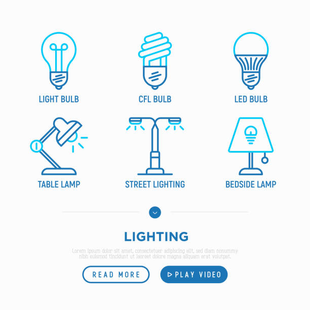 illustrazioni stock, clip art, cartoni animati e icone di tendenza di set di icone di linea sottile per l'illuminazione: lampadina, led, cfl, lampada da tavolo, lampione, lampada da coricarsi. illustrazione vettoriale moderna. - led