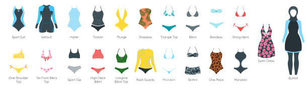 Vector set of female swimsuit Vector set of female swimsuit icons. Different types of colorful beachwear silhouettes isolated on white background. bathing suit stock illustrations