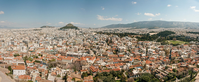A panorama picture of Athens, Greece, on a sunny day from the Acropolis hill
