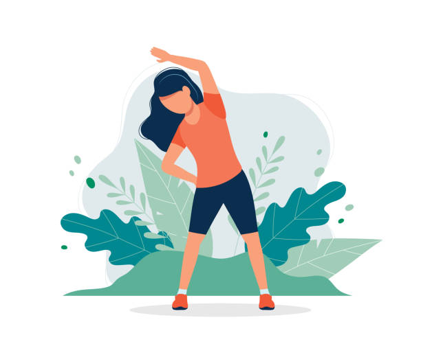 szczęśliwa kobieta ćwiczy w parku. ilustracja wektorowa w płaskim stylu, ilustracja koncepcyjna dla zdrowego stylu życia, sportu, ćwiczeń. - physical activity stock illustrations