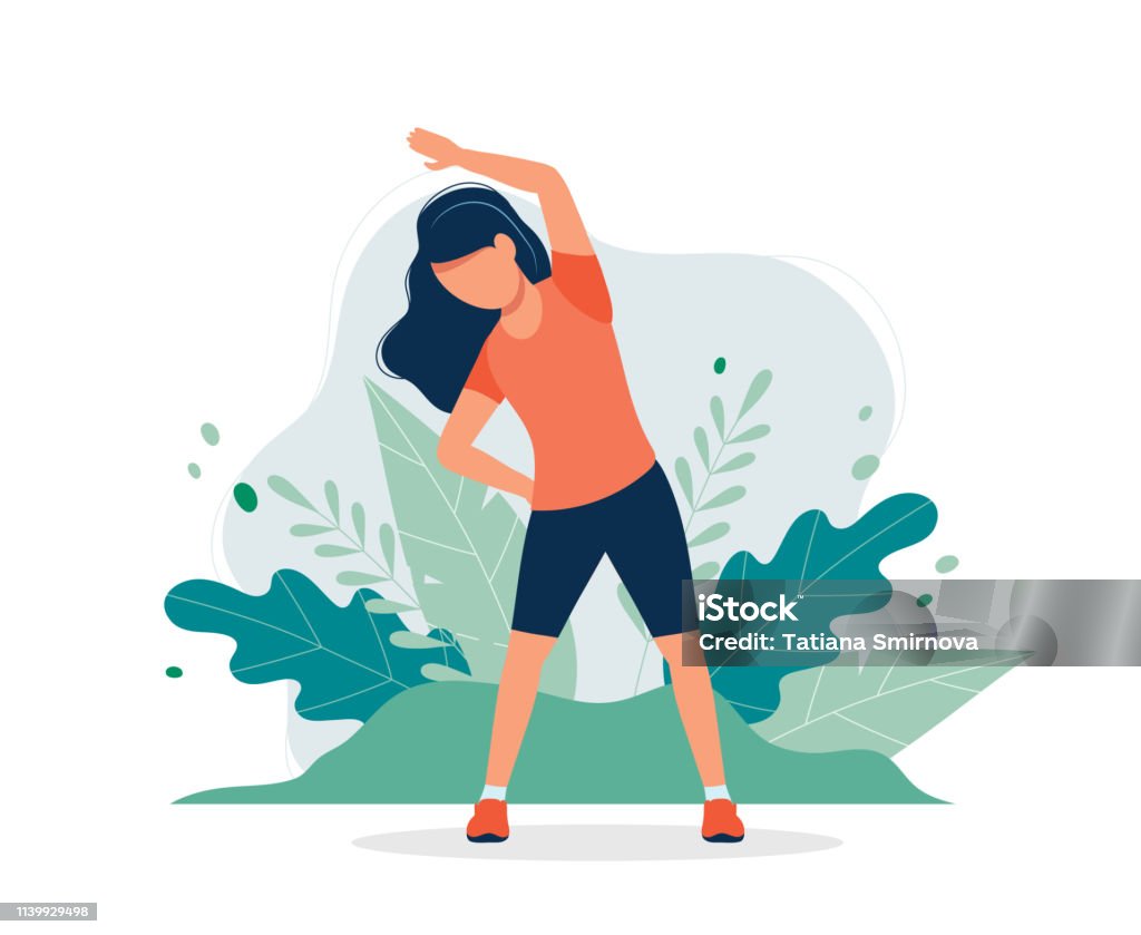 Happy woman exercising in the park. Vector illustration in flat style, concept illustration for healthy lifestyle, sport, exercising. vector illustration in flat style Exercising stock vector