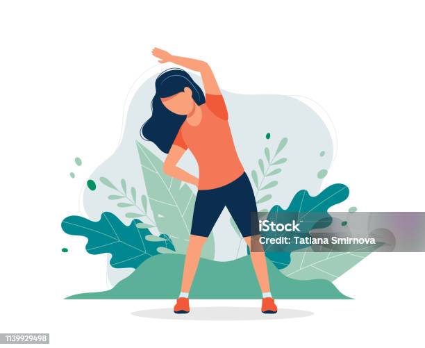 Happy Woman Exercising In The Park Vector Illustration In Flat Style Concept Illustration For Healthy Lifestyle Sport Exercising Stock Illustration - Download Image Now