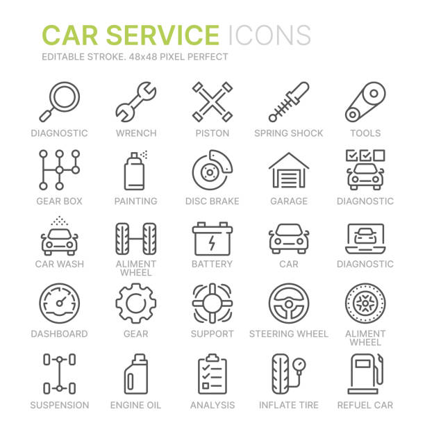 kolekcja ikon linii serwisowej samochodu. 48x48 pixel perfect. edytowalny obrys - technician computer repairing wrench stock illustrations