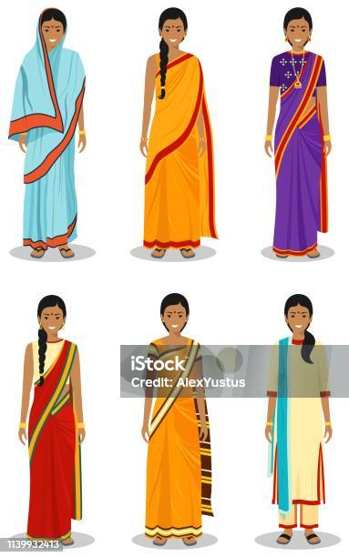 Ilustración de Mujer India Conjunto De Diferentes Mujeres Adultas Jóvenes De Pie En La Ropa Tradicional Nacional Aislada Sobre Fondo Blanco En Estilo Plano Diferencias Personas En El Vestido Del Este Ilustración Vectorial y más Vectores Libres de Derechos de India