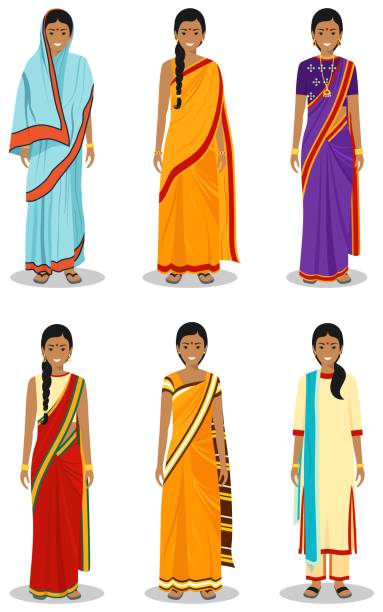 indyjska kobieta. zestaw różnych stojących młodych dorosłych kobiet w tradycyjnej odzieży narodowej izolowane na białym tle w stylu płaskim. różnice ludzi w stroju wschodniej. ilustracja wektorowa. - sari stock illustrations