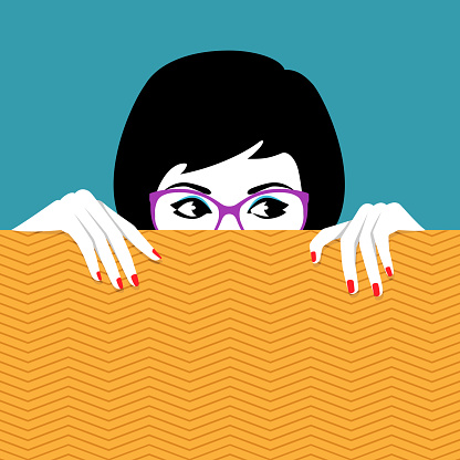 Vector illustration of beautiful young woman wearing glasses hiding behind wall a watching