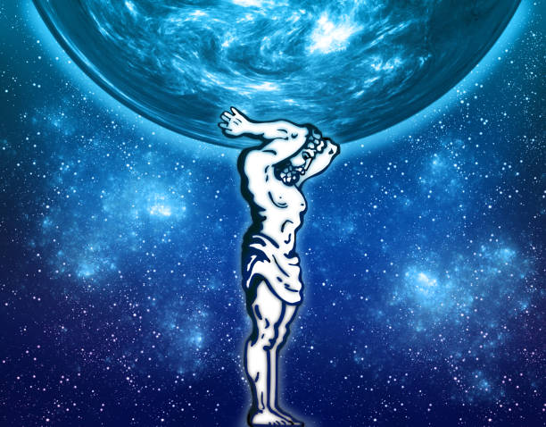 istock Human figure of a man Atlas and a globe on cosmos space. 1139938868
