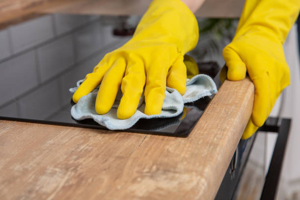 istock Young woman hands cleaning a modern black induction hob by a rag, housework 1139943430