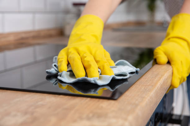 istock Young woman hands cleaning a modern black induction hob by a rag, housework 1139943442