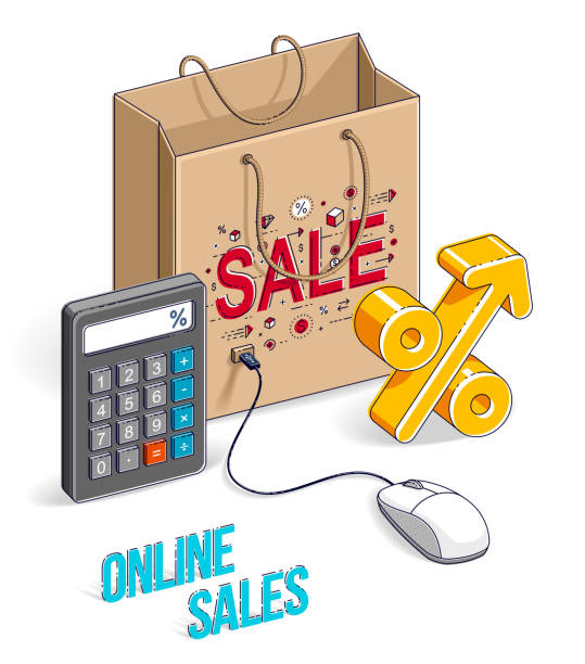 Online Shopping concept, web store, internet sales, Shop bag with pc mouse and percent symbol isolated on white. Vector 3d isometric business and finance illustration, thin line design. Online Shopping concept, web store, internet sales, Shop bag with pc mouse and percent symbol isolated on white. Vector 3d isometric business and finance illustration, thin line design. off balance stock illustrations