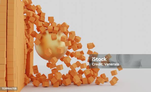 3d Weight Breaks The Wall Of Boxes Stock Photo - Download Image Now - Chain - Object, Change, Cutting