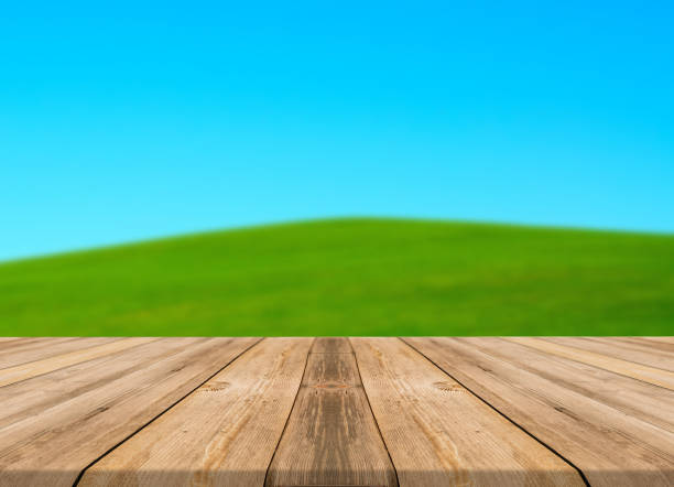 istock Empty wooden desk of free space and spring time with blurred background. 1139944970