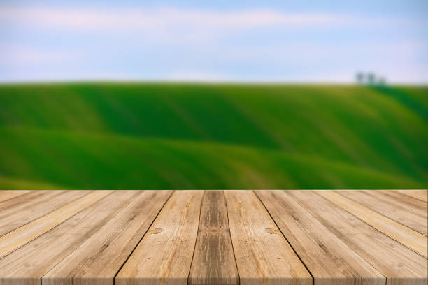 istock Empty wooden desk of free space and spring time with blurred background. 1139945052
