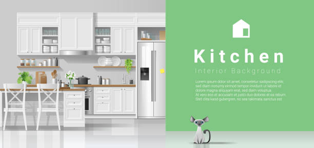 ilustrações, clipart, desenhos animados e ícones de cozinha rústica moderna com fundo verde da parede, vetor, ilustração - domestic cat indoors domestic life image