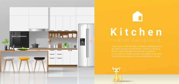 ilustrações, clipart, desenhos animados e ícones de cozinha branca moderna com fundo amarelo da parede, vetor, ilustração - domestic cat indoors domestic life image