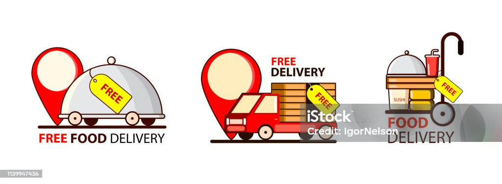 Delivery Free. Cheap. Set with car and food. Point , mark. Vector Box - Container stock vector