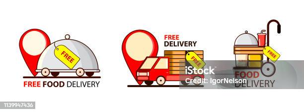 Delivery Free Cheap Set With Car And Food Point Mark Vector Stock Illustration - Download Image Now