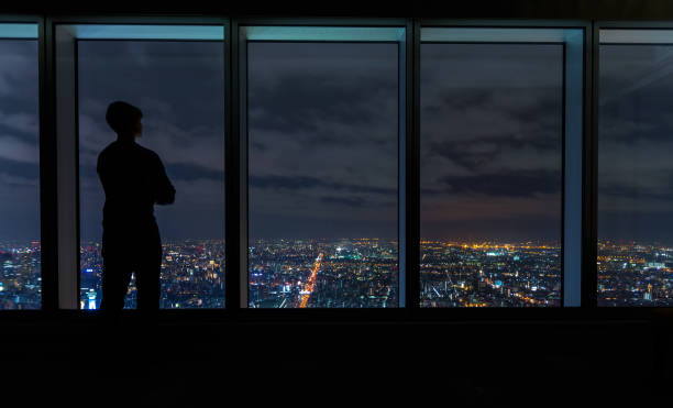 istock Man looking out large windows high above a sprawling city 1139948399