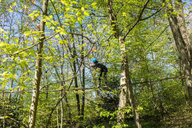 istock Climbing course in the forest with person in action 1139950352