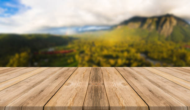 istock Empty wooden desk of free space and spring time with blurred background. 1139951140