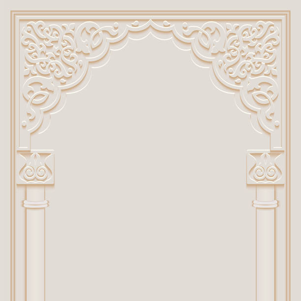 istock Stylized door in arabic architectural style arch with ornamental patterned stone relief and pillars of islamic mosque, greeting card for Ramadan Kareem 1139954775