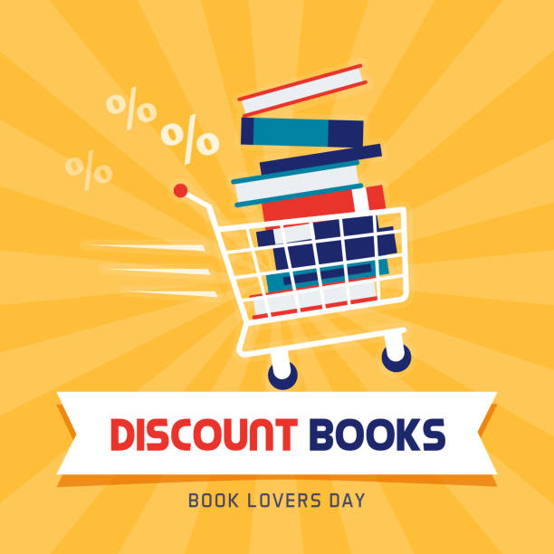 Book discount on book lovers day Book sale discount on book lovers day, shopping ad design with shopping cart book bookstore sale shopping stock illustrations