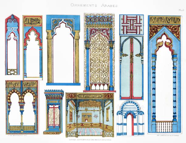 문 아치, 소파, 창문 등 아라비 안 장식품 1883 - classical antiquity stock illustrations