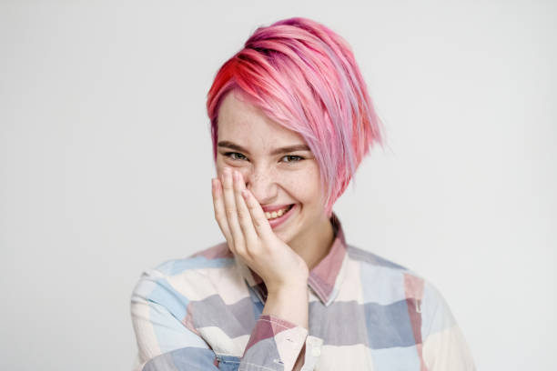 taxa koks Frø Young Beautiful Girl With A Short Hair Cut Pixie Bob Color Hair Coloring  Red Pink Color Shirt In A Cellar Casual Style Stock Photo - Download Image  Now - iStock